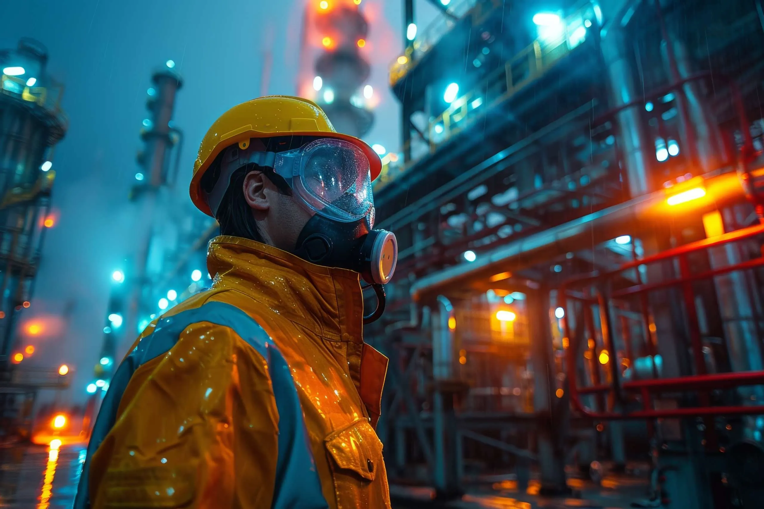 Worker wearing a full-face respirator at an industrial facility
