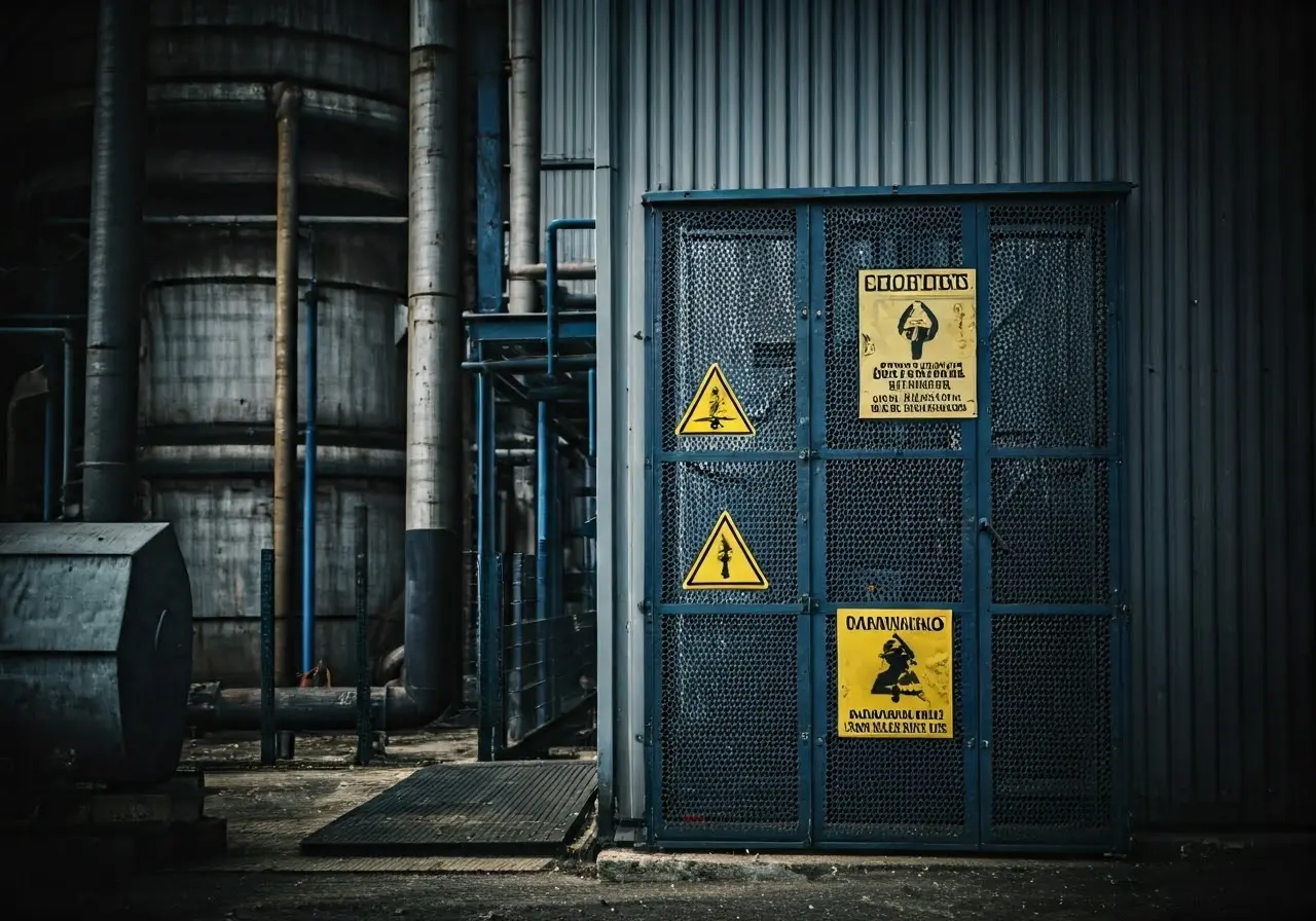 An industrial building with warning signs about asbestos detection. 35mm stock photo