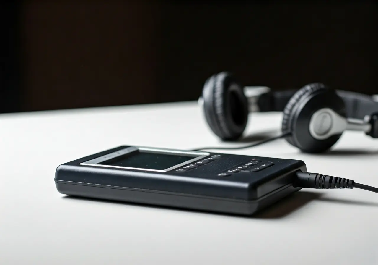 An audiometer and headphones on a clean, white desk. 35mm stock photo