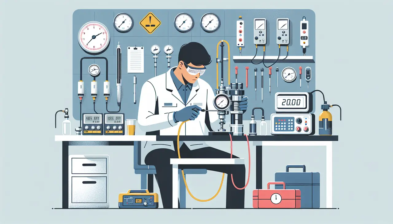 Technician adjusting a calibration instrument next to workplace test equipment on a clean workbench.