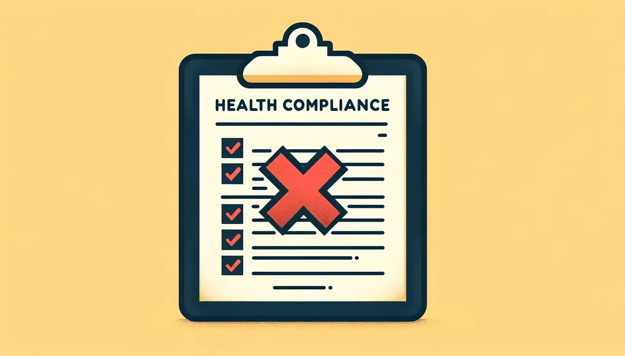 Draw a graphic in flat design style. A flat design illustration of a clipboard with a checklist and a red cross, symbolizing common health compliance mistakes.
