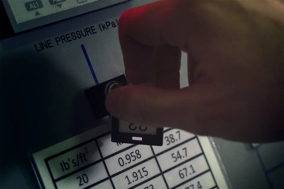 Close-up of hand adjusting pressure gauge dial in an industrial setting with visible pressure readings and controls.