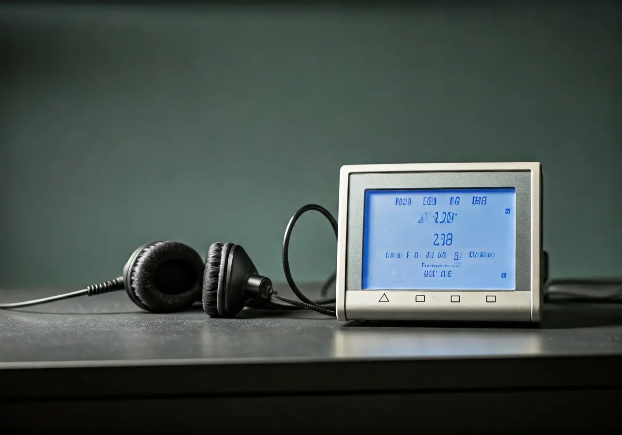 An audiometer and headphones in a clinical testing room. 35mm stock photo
