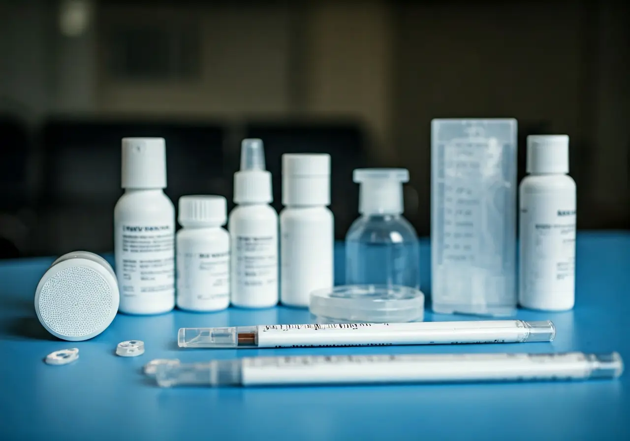 Array of fit testing supplies arranged on a clean table. 35mm stock photo