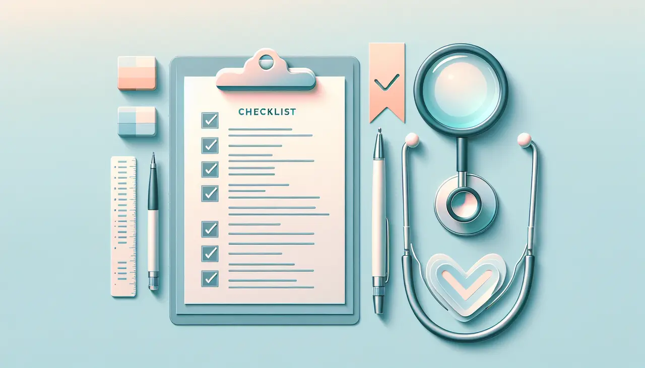 Draw a graphic in flat design style. A neatly organized desk with a checklist, a magnifying glass, and a stethoscope on a pastel background.