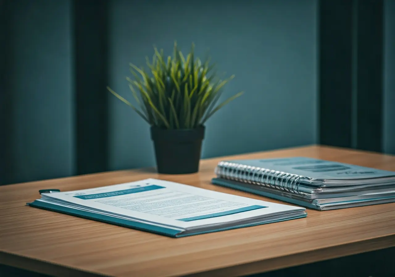 A tidy office desk with safety and health compliance manuals. 35mm stock photo