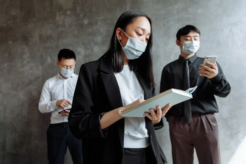 A group of professionals wearing face masks working together indoors, embodying the new normal and collaboration.
