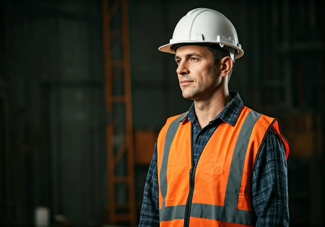 A construction worker wearing a safety helmet and reflective vest. 35mm stock photo