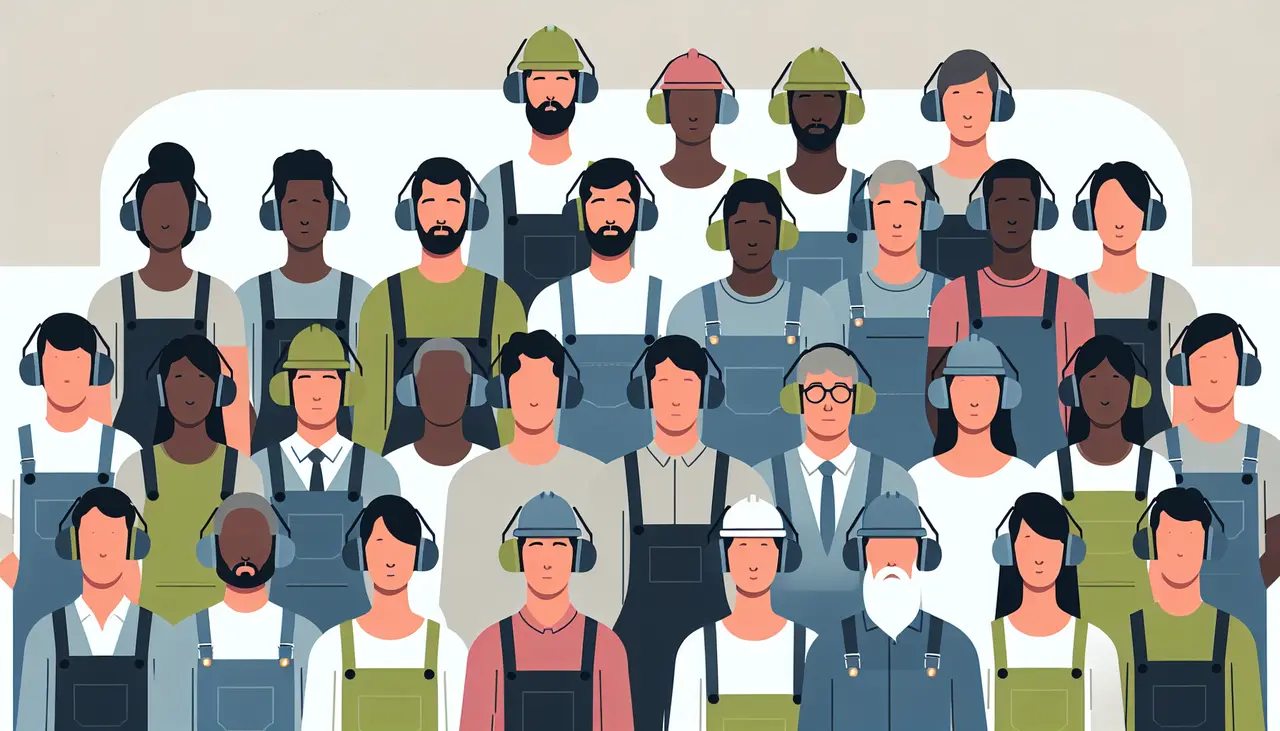 Draw a graphic in flat design style. A flat design image of diverse workers wearing hearing protection devices in a modern, clean workspace with minimal background elements.