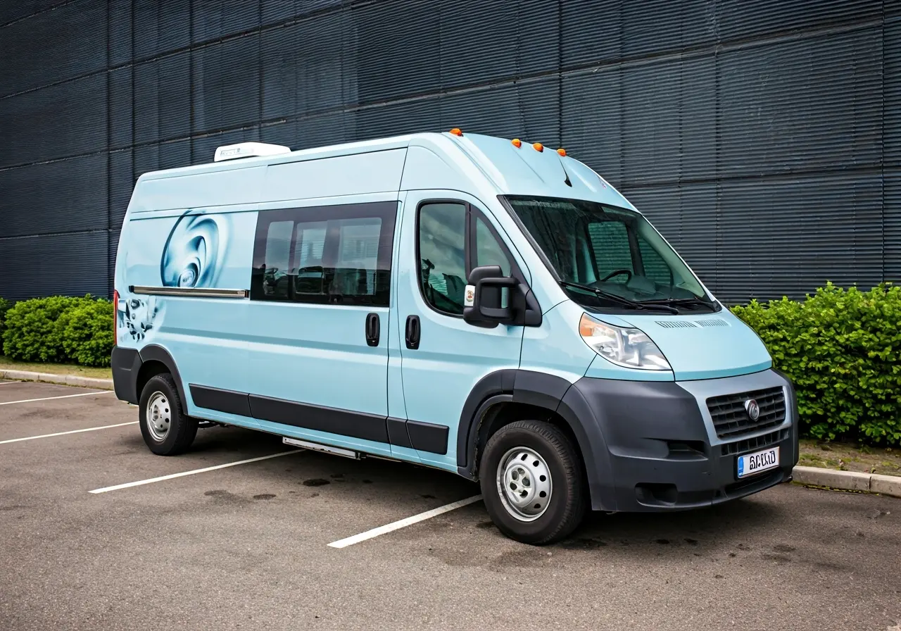 A mobile hearing testing van parked in a corporate parking lot. 35mm stock photo