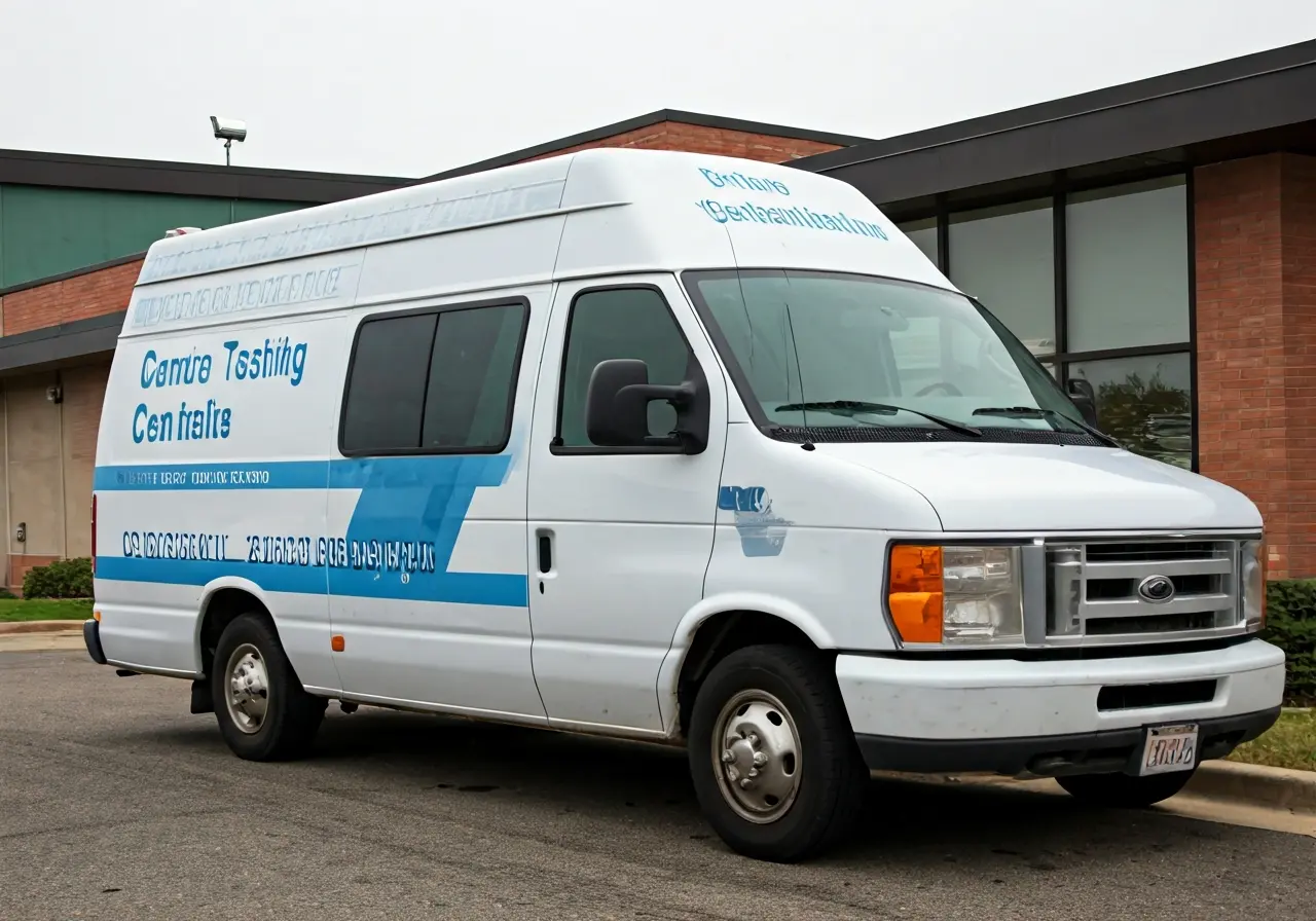 A mobile testing van parked near a community health center. 35mm stock photo