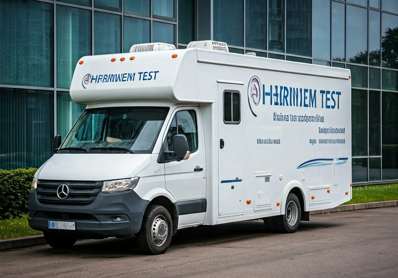 A mobile hearing test unit parked outside an office building. 35mm stock photo
