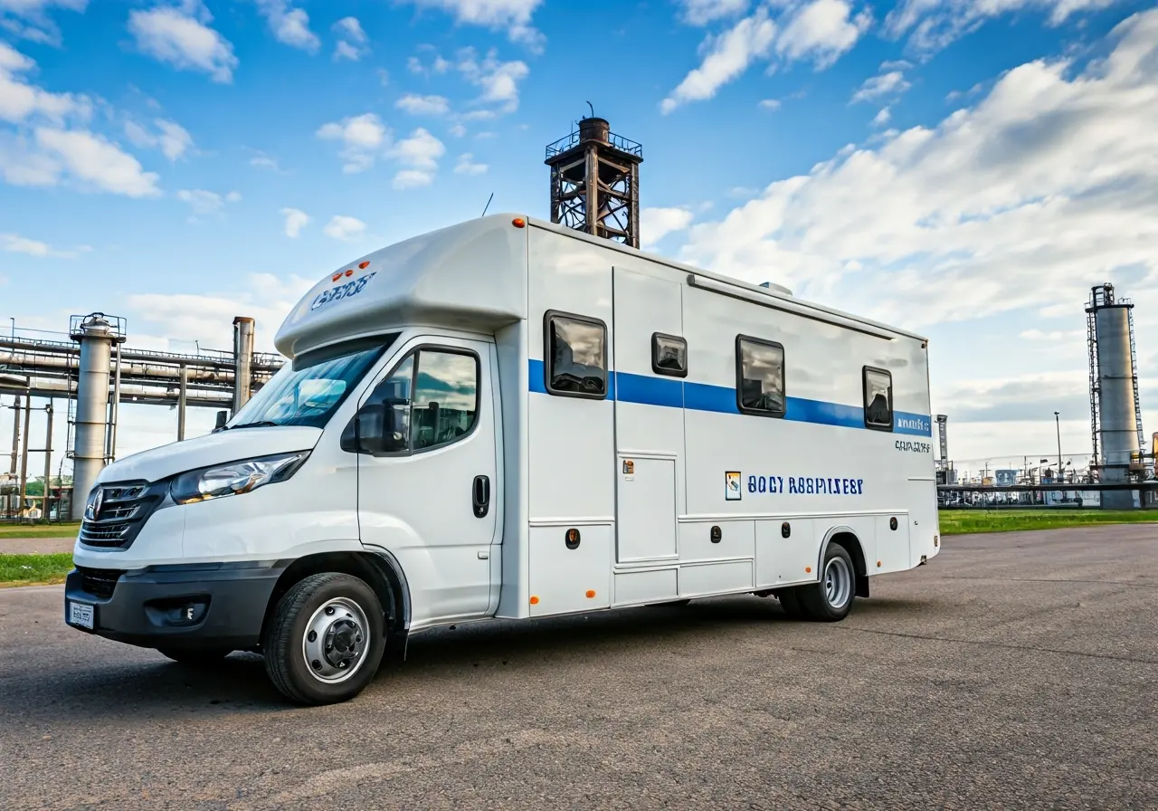 A mobile hearing test unit parked outside an industrial workplace. 35mm stock photo