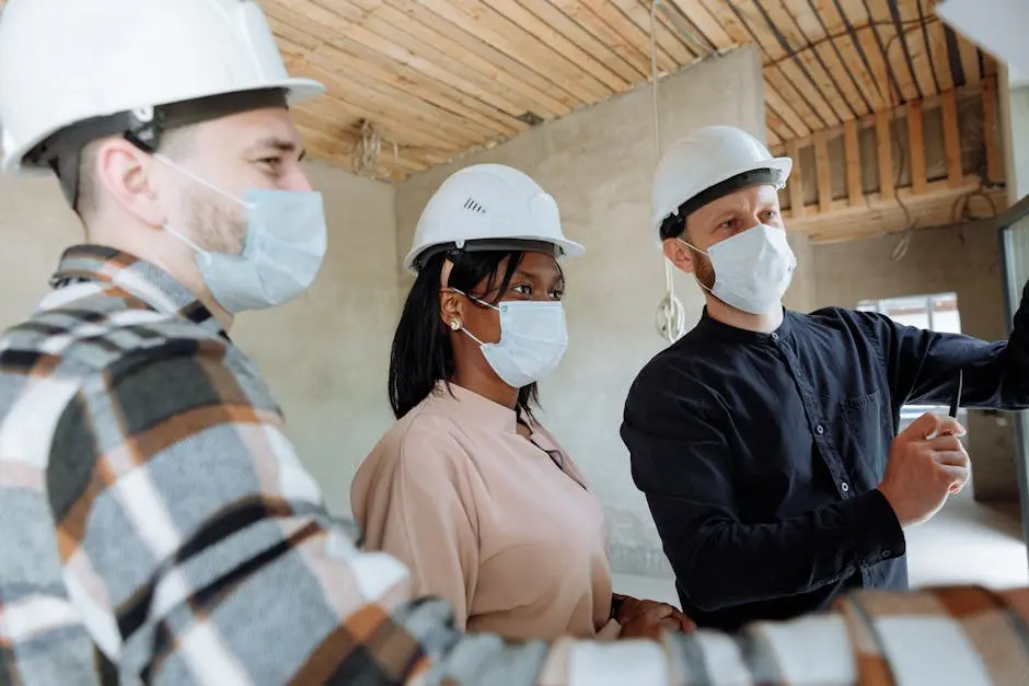 Diverse construction team wearing face masks and hard hats engaged in discussion inside a building.