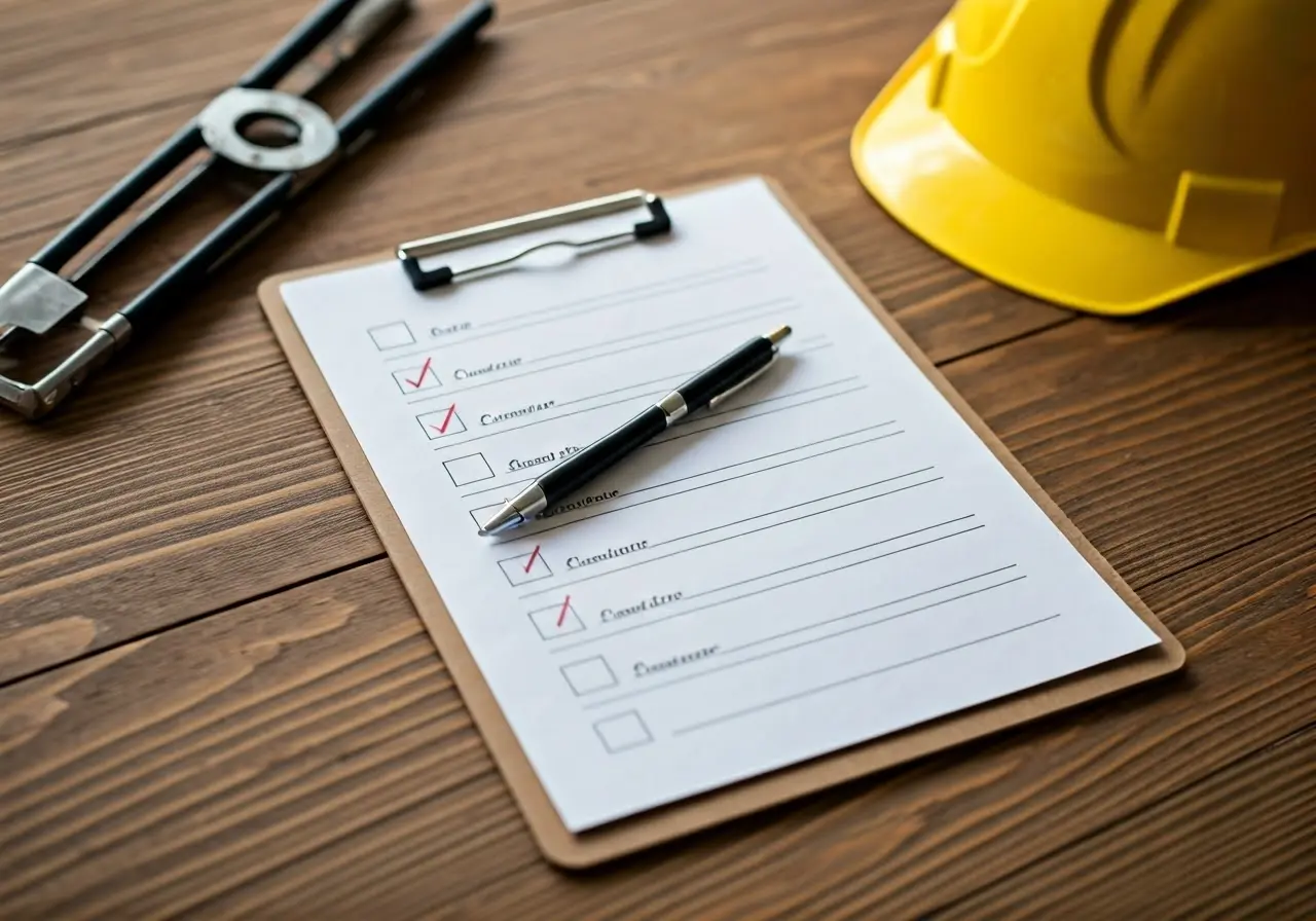 A checklist on a clipboard with safety gear around. 35mm stock photo
