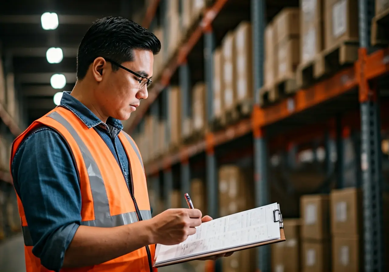 A safety inspector reviewing compliance charts in a warehouse. 35mm stock photo