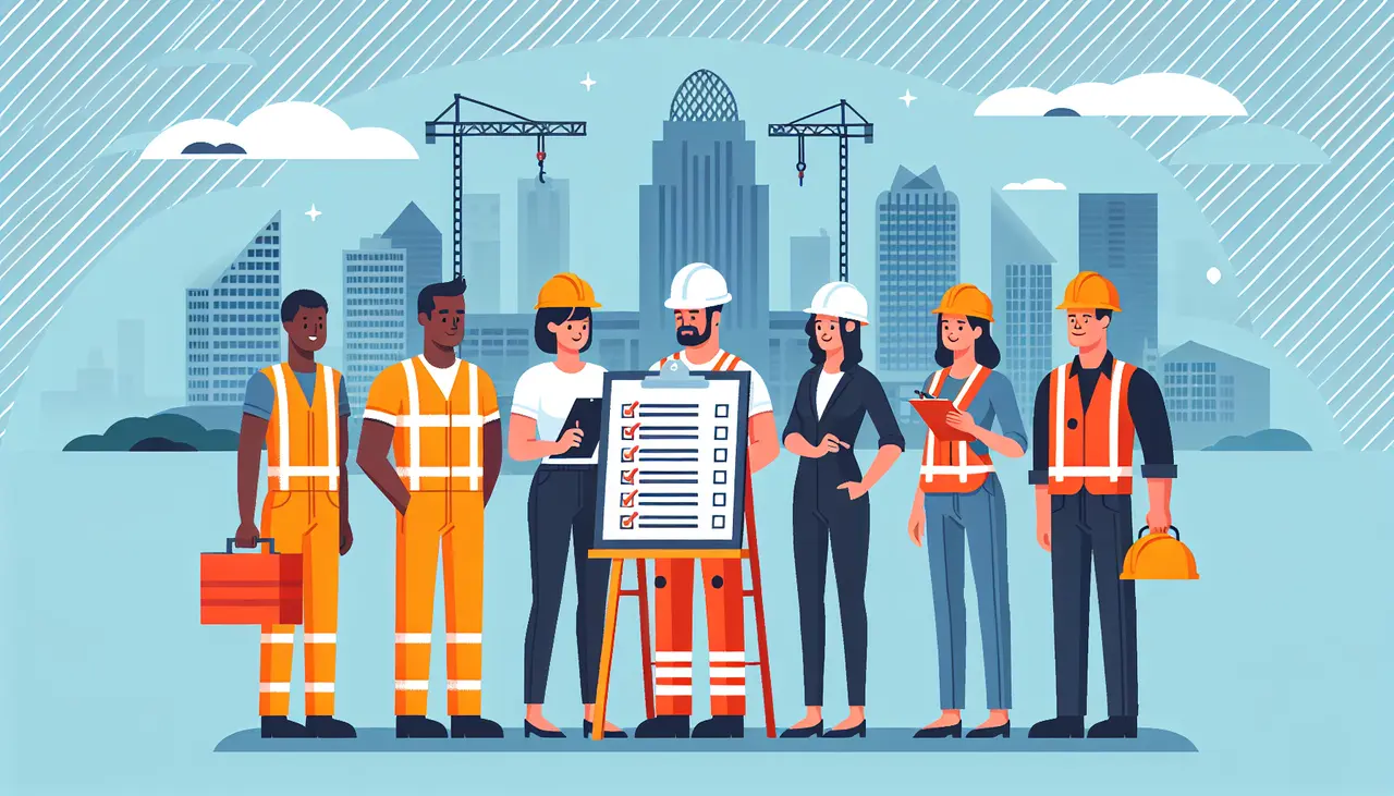 Draw a graphic in flat design style. A flat design illustration of a diverse group of workers wearing safety gear and holding a large checklist in front of a Cincinnati skyline.