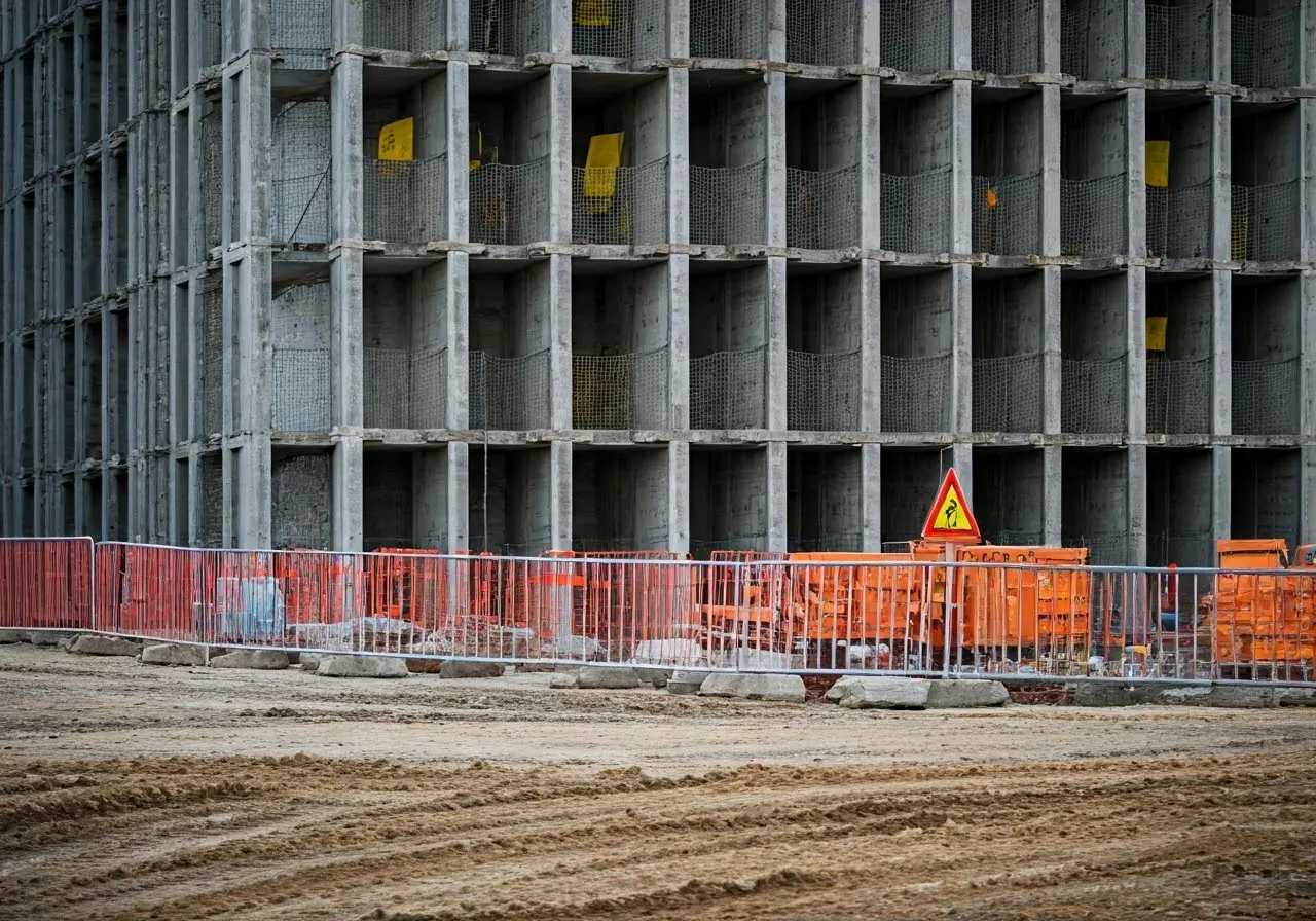 A construction site with visible safety signs and equipment. 35mm stock photo