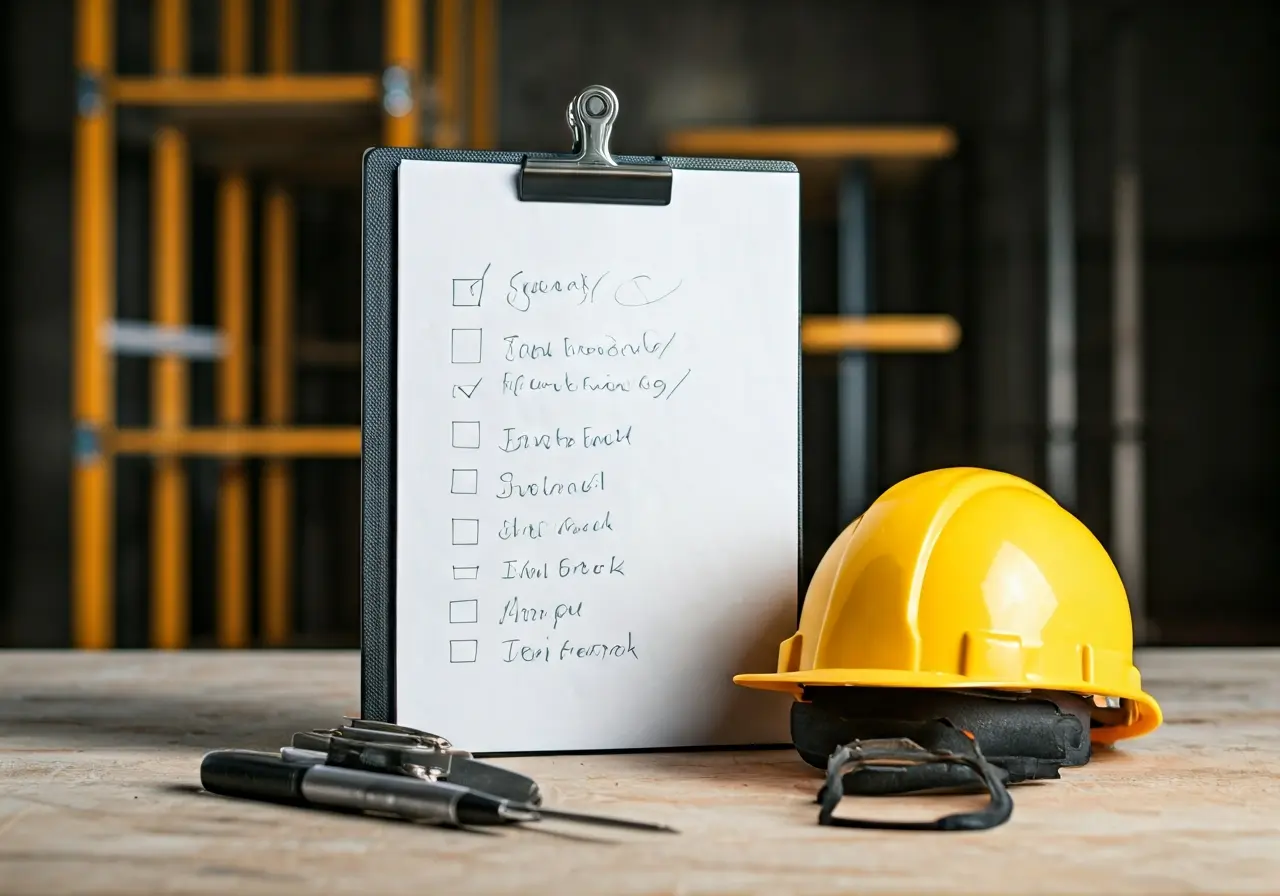 A checklist with safety gear on a construction site. 35mm stock photo