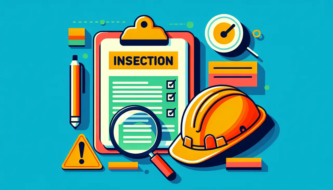 Draw a graphic in flat design style. A flat design illustration of a clipboard with OSHA forms, a safety helmet, and a magnifying glass to emphasize compliance and safety inspection.