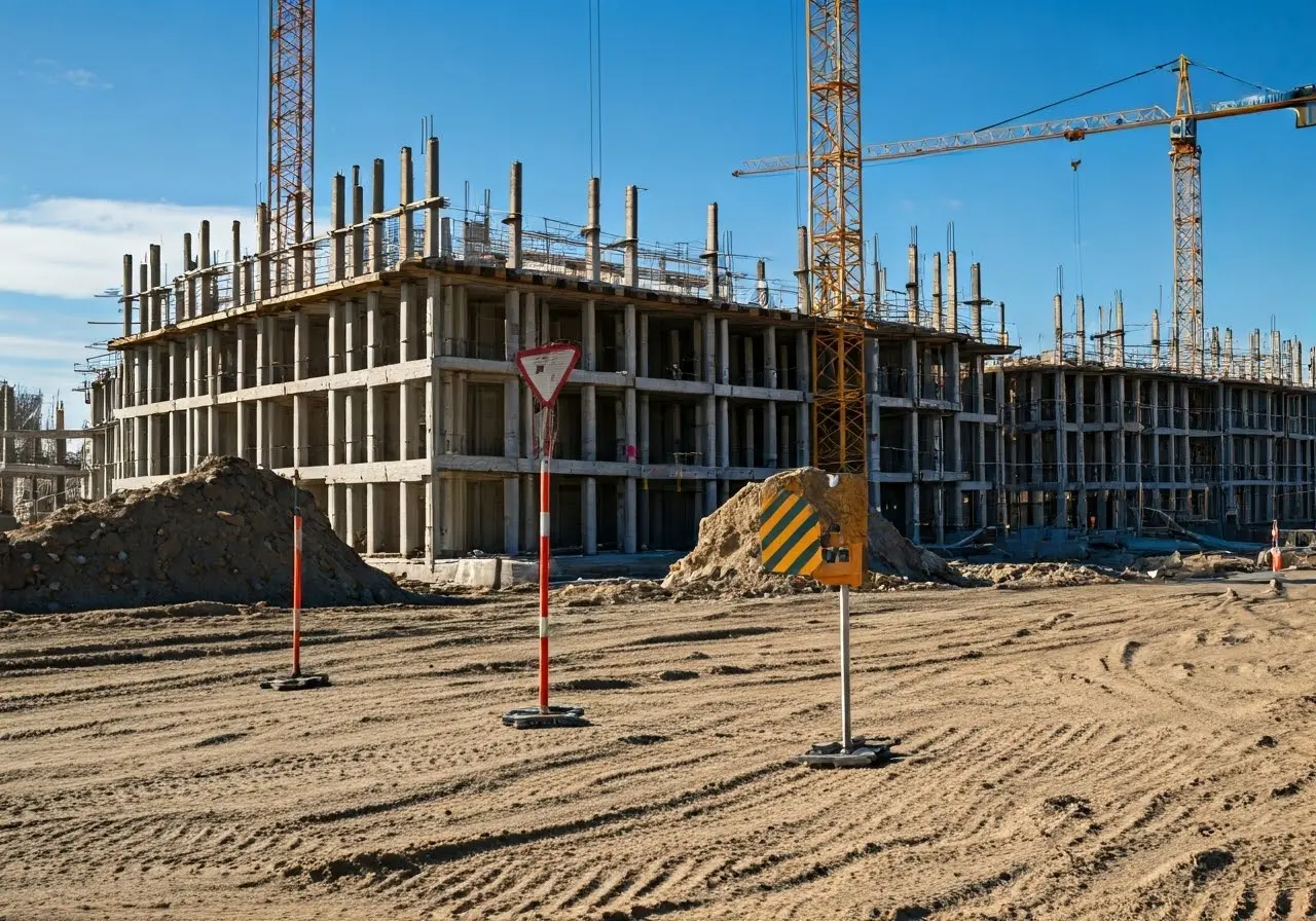 A construction site with safety signs and protective equipment. 35mm stock photo