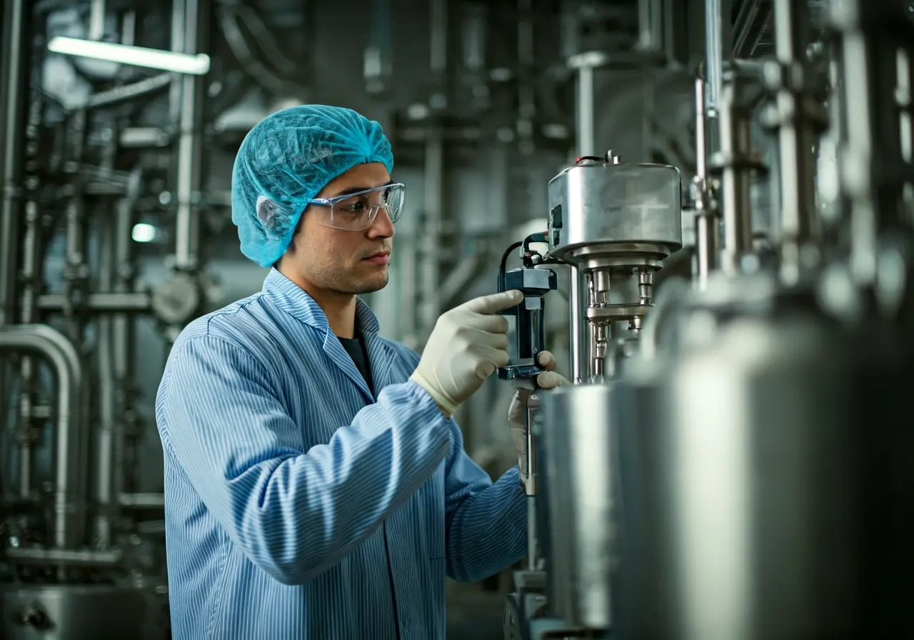 A technician calibrating industrial equipment in a sterile lab. 35mm stock photo