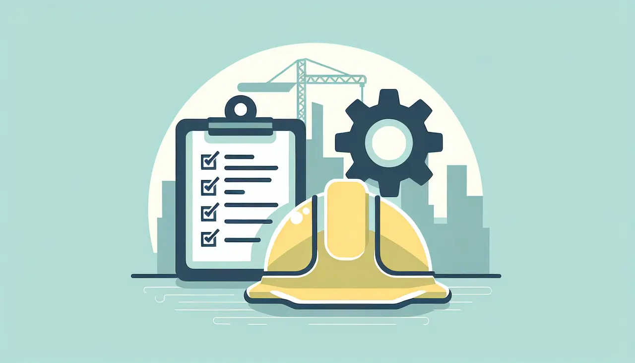 Draw a graphic in flat design style. A flat design illustration of a safety helmet, a clipboard with a checklist, and a gear symbolizing compliance tools, placed on a simple background with the Cincinnati skyline in silhouette.