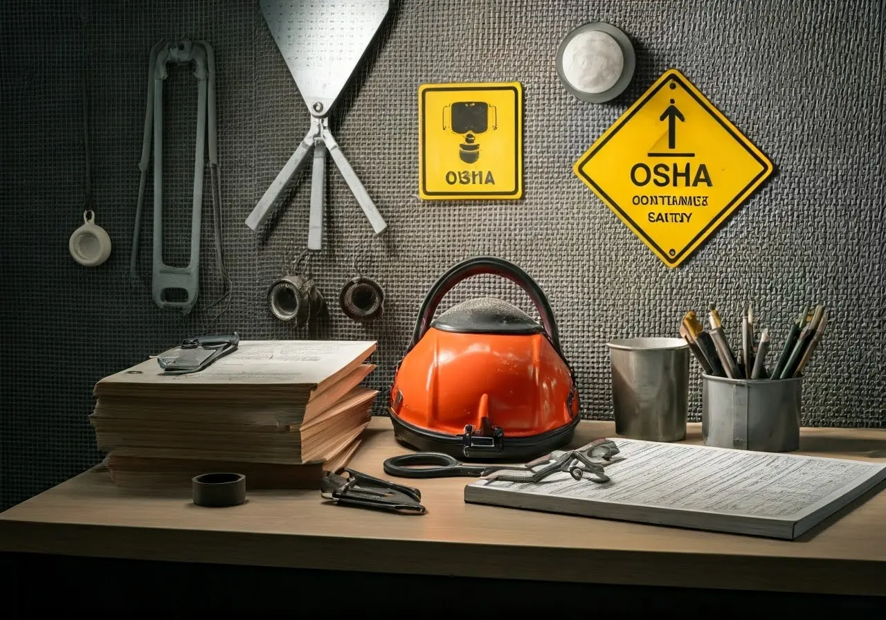 A workspace equipped with OSHA compliance safety gear and signage. 35mm stock photo