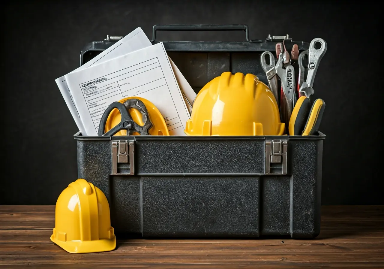 A toolbox filled with safety equipment and OSHA documents. 35mm stock photo