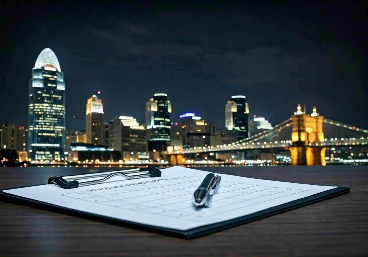 A safety checklist clipboard against a Cincinnati skyline backdrop. 35mm stock photo