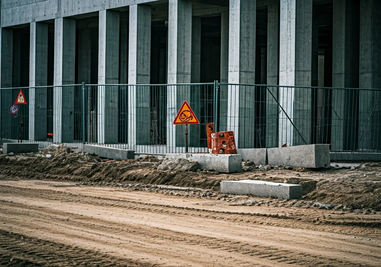 A clean, organized construction site with visible safety signs. 35mm stock photo
