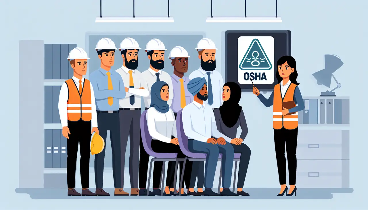 Draw a graphic in flat design style. A diverse group of employees wearing safety gear attentively listening to a trainer pointing at a large OSHA logo on a presentation board.