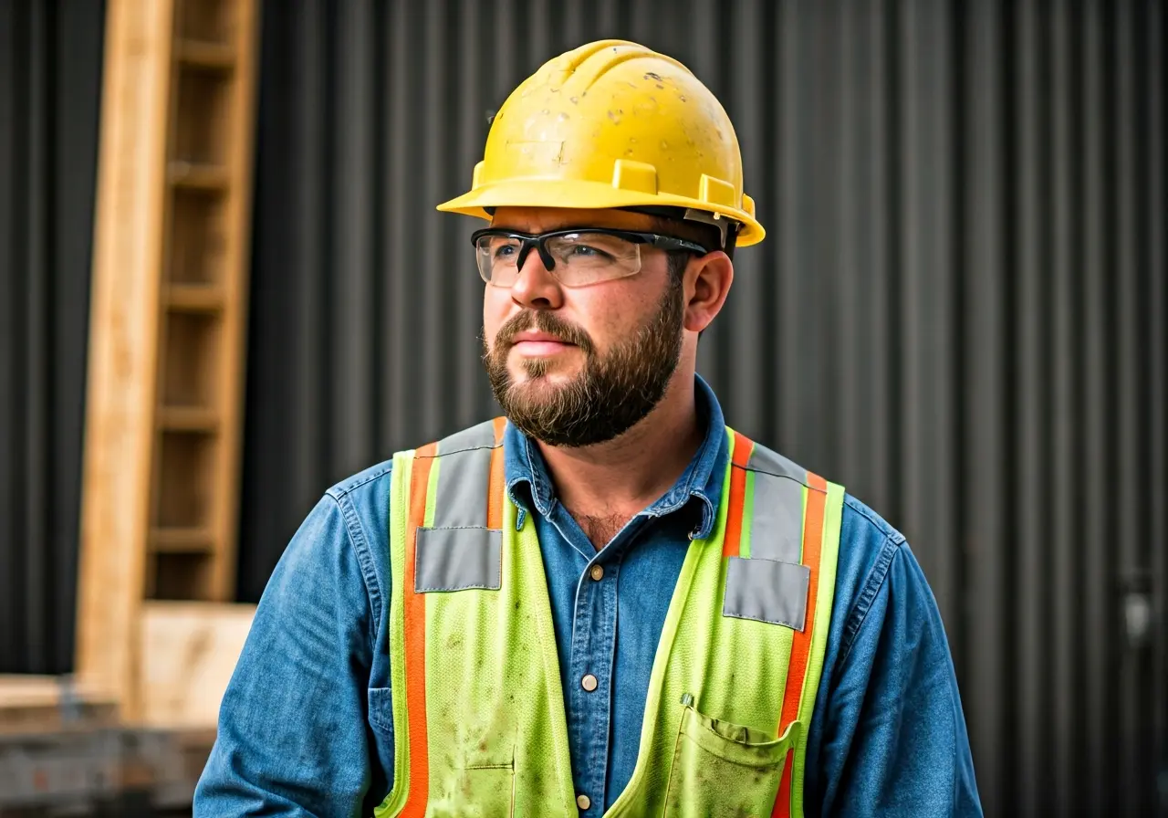 A construction worker wearing safety gear on a Cincinnati site. 35mm stock photo