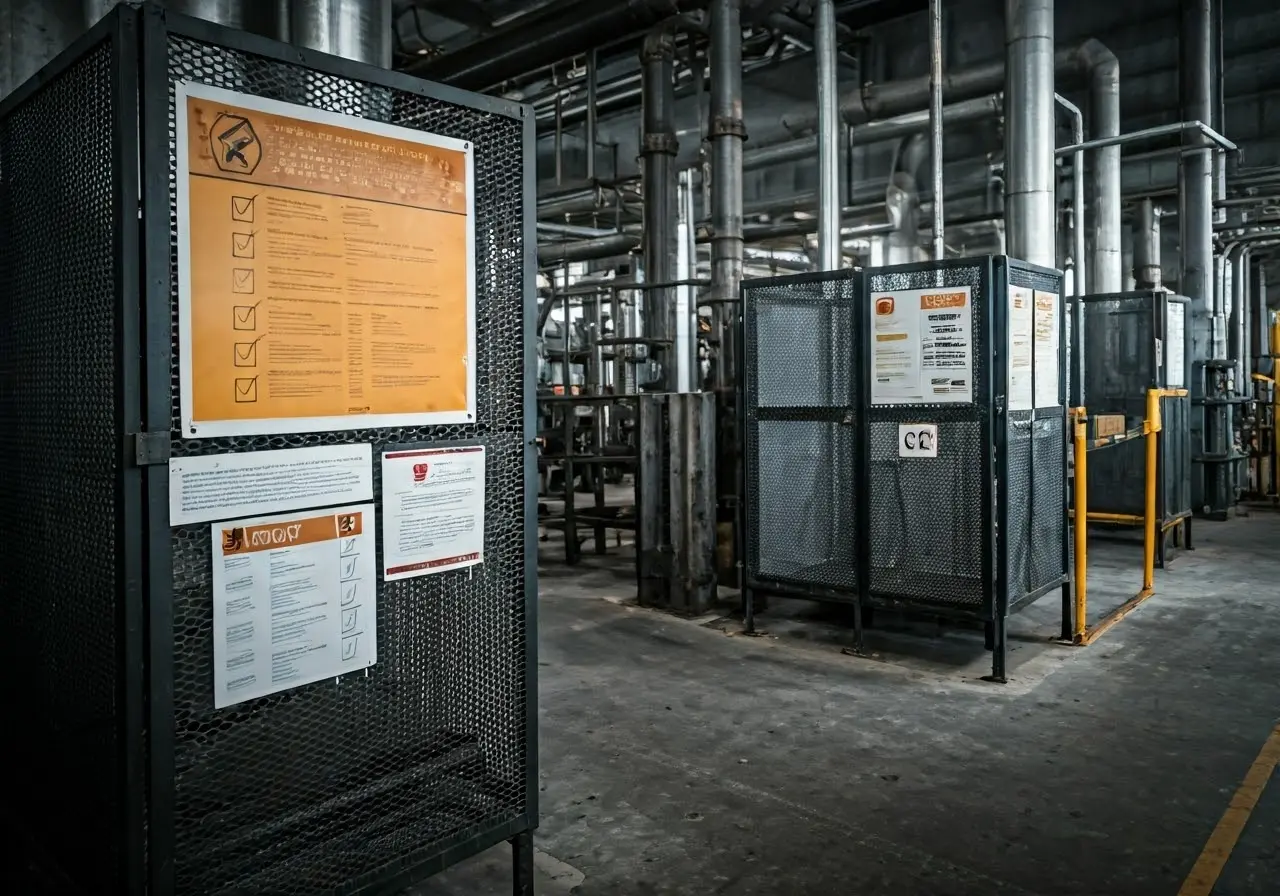 An industrial facility with safety posters and compliance checklists displayed. 35mm stock photo