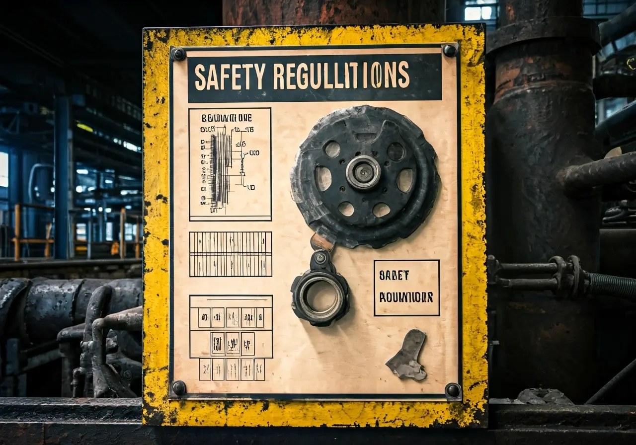 Safety gear and regulations poster in an industrial workplace. 35mm stock photo
