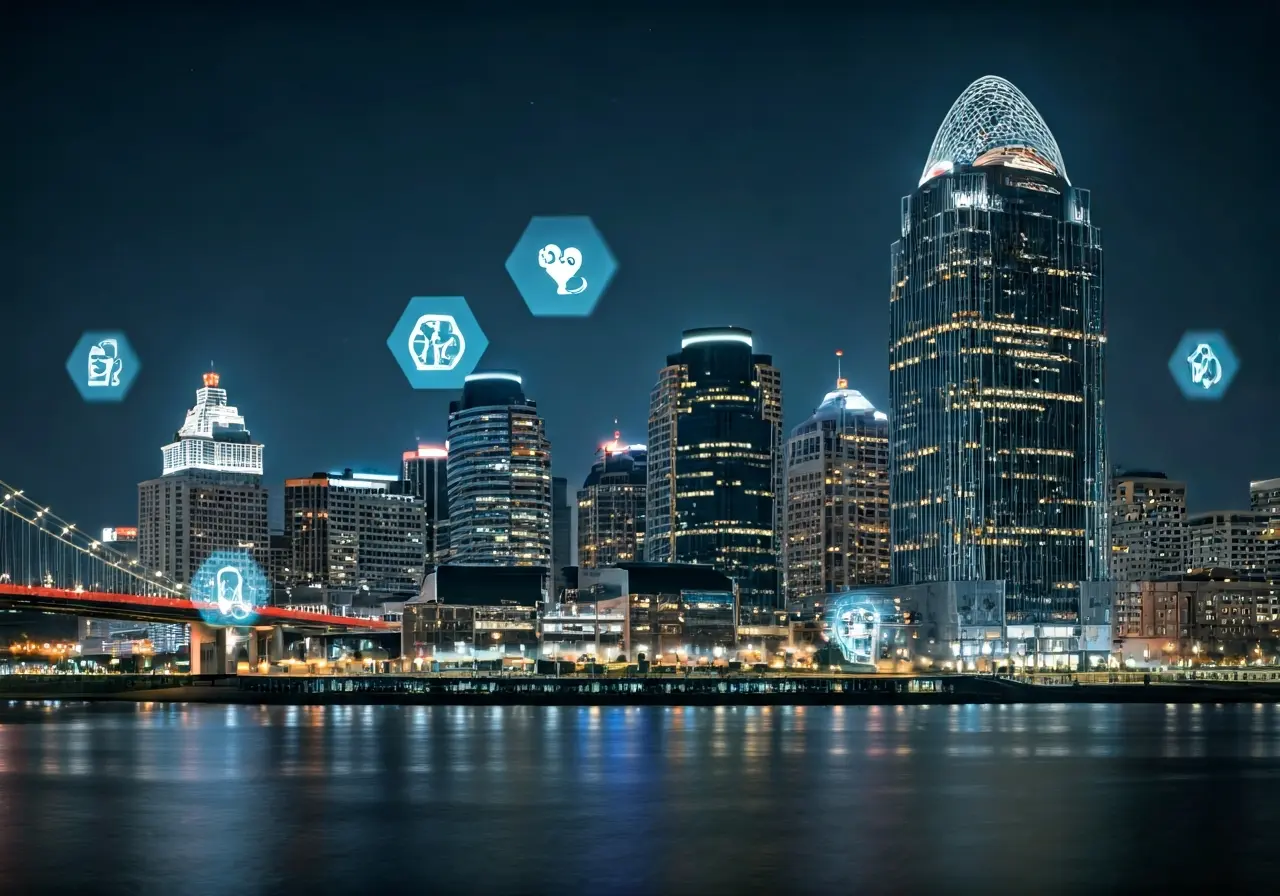 A Cincinnati skyline with safety compliance icons overlaid. 35mm stock photo