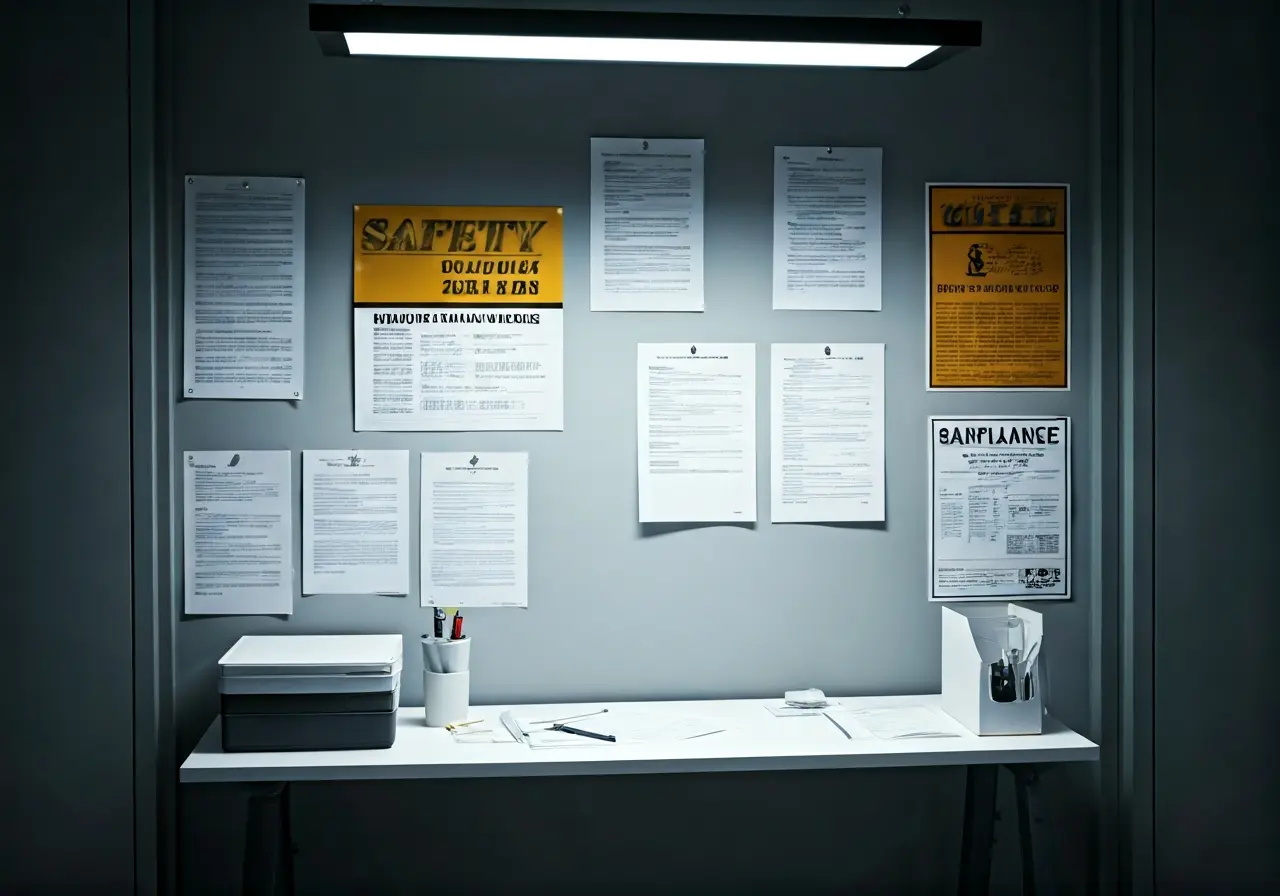 An office with safety posters and compliance documents on walls. 35mm stock photo