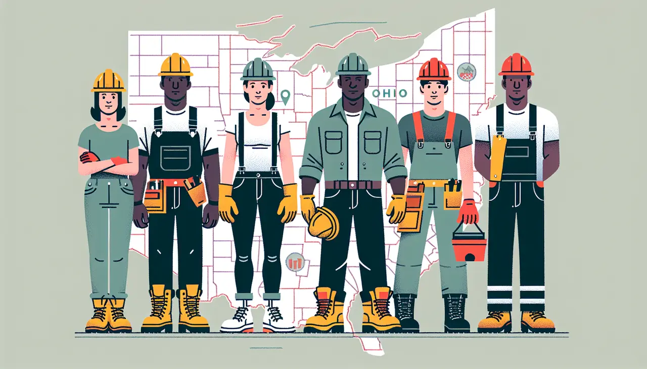 Draw a graphic in flat design style. An illustration of diverse workers wearing various types of safety footwear, such as steel-toed boots and slip-resistant shoes, standing on an outline map of Ohio.