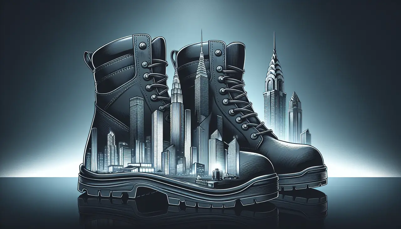 Draw a graphic in flat design style. A pair of sturdy safety boots with a Cincinnati skyline in the background, highlighting workplace safety.