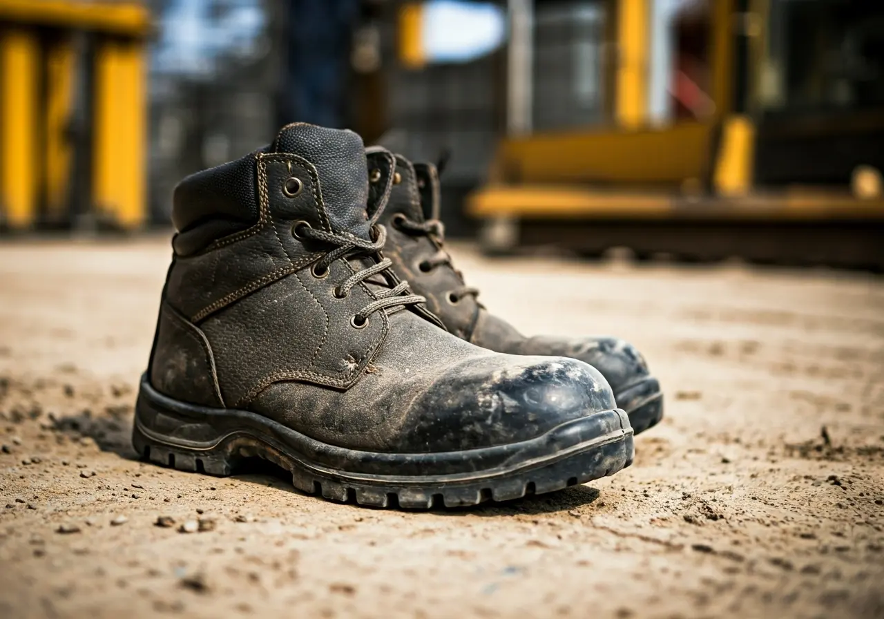 A pair of sturdy safety boots on a construction site. 35mm stock photo