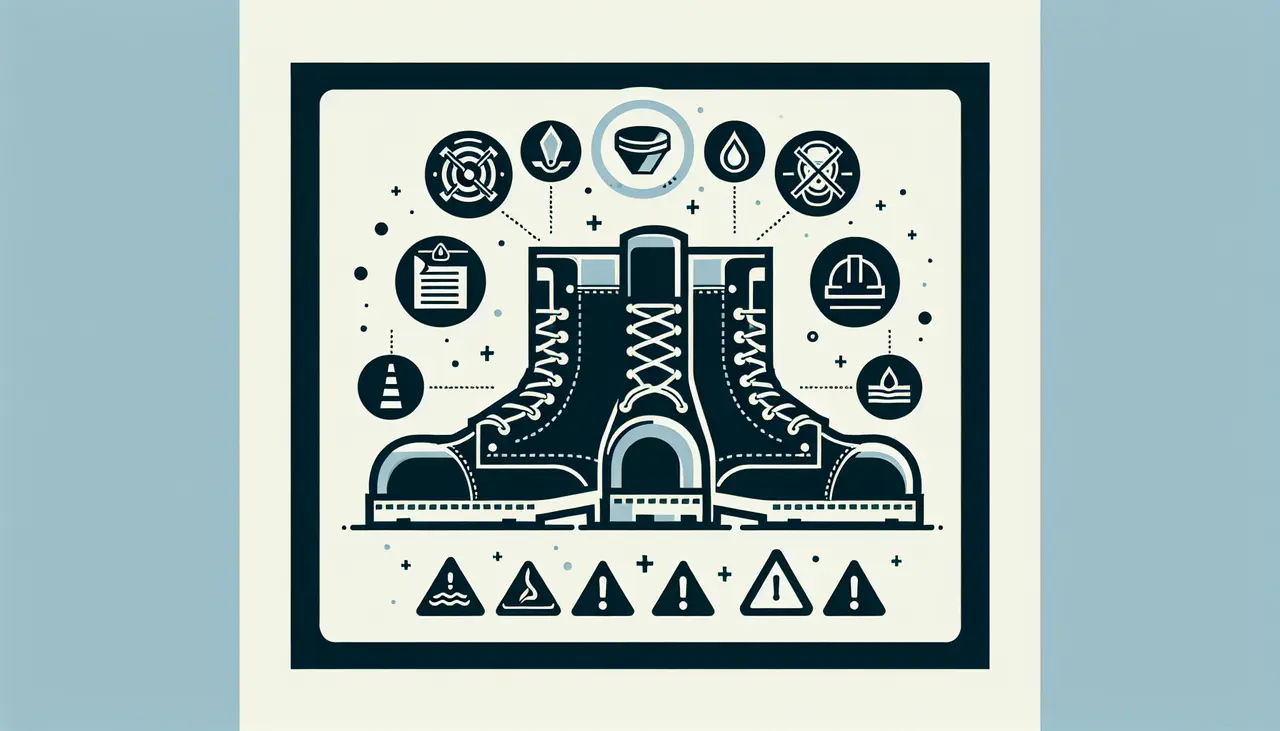 Draw a graphic in flat design style. A pair of safety boots with OSHA-compliance symbols around them in a minimalist flat design style.