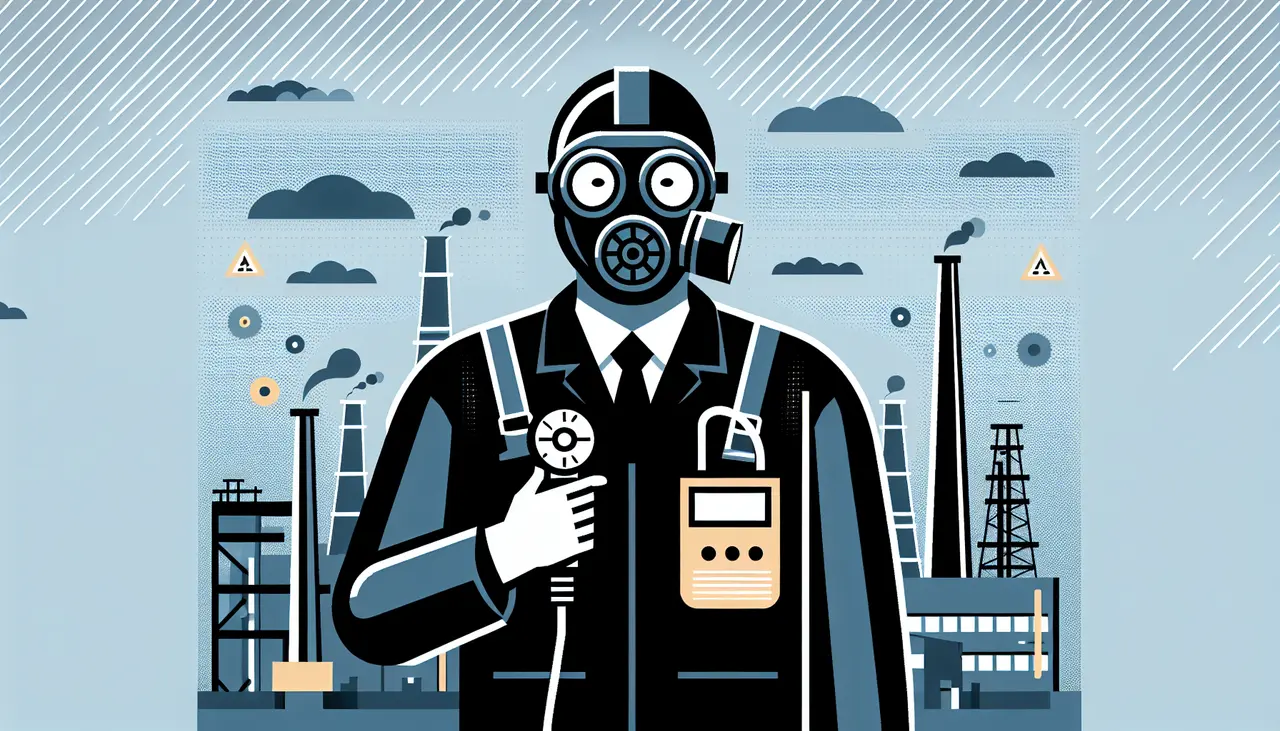 Draw a graphic in flat design style. A flat design illustration of a worker wearing a gas mask and holding a gas detection device, with a background of a factory setting and a few abstract gas symbols floating around.