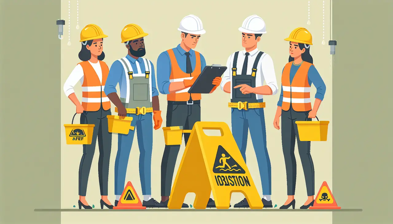 Draw a graphic in flat design style. An illustration of a diverse group of workers in safety gear, such as helmets and vests, inspecting a workplace with clearly labeled hazards like wet floor signs and caution tape, in a simple and clean flat design style.