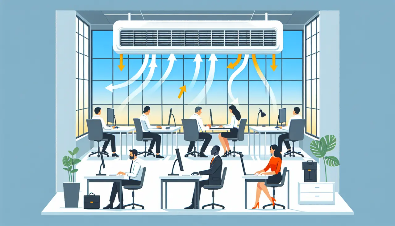 Draw a graphic in flat design style. A flat design style illustration of an office with large windows slightly open, a ventilation system on the ceiling, and a few employees at desks, with arrows indicating airflow throughout the room.